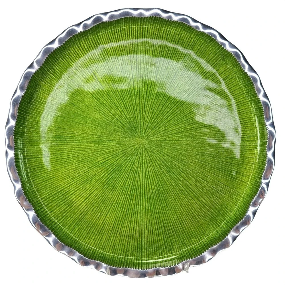 Metal Fluted Cake Dessert Server Green Rnd Platter‎ Plate 2 Pc Set SimplyDesignz